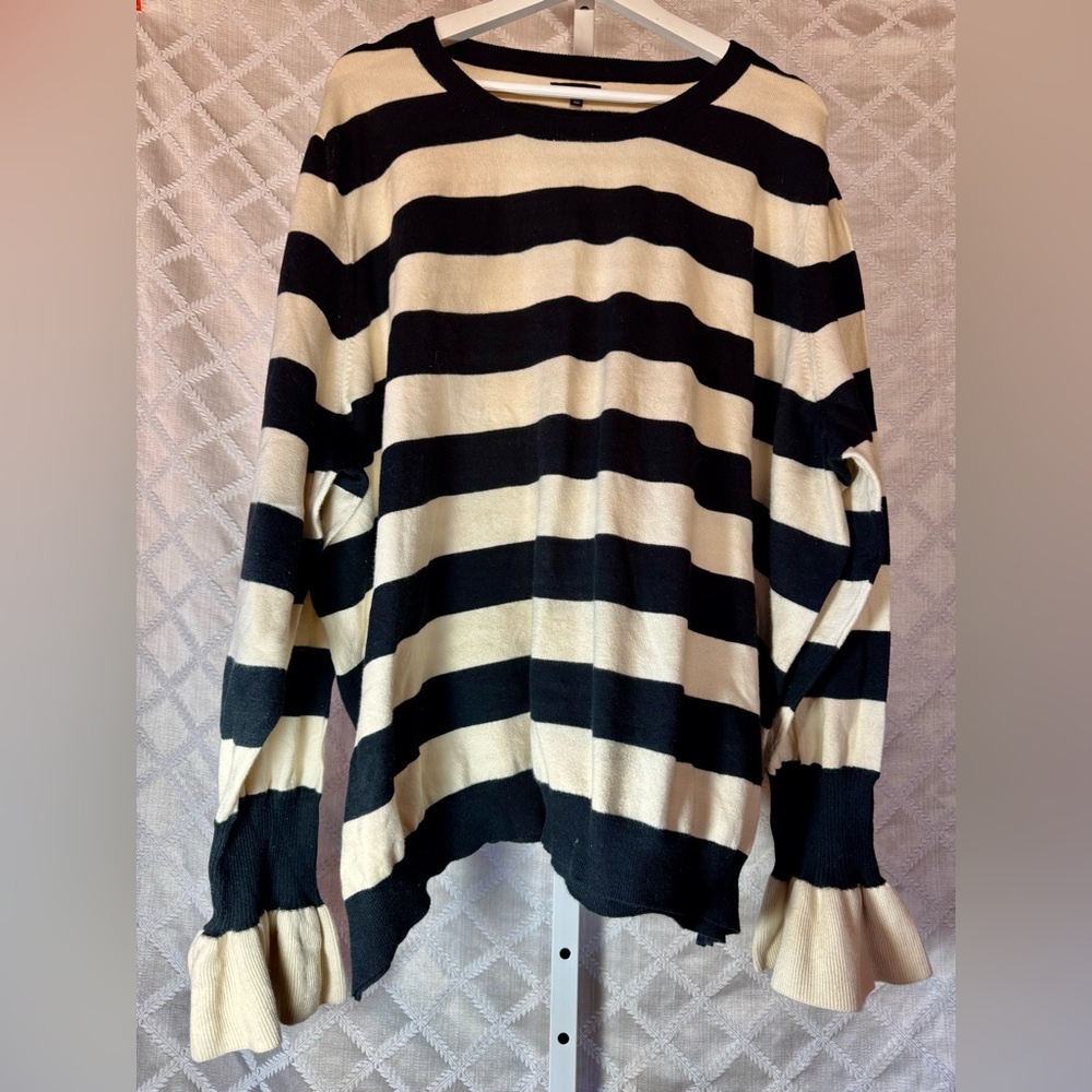 Who What Wear Black and Ivory Stripe Sweater with Frilly Cuffs, 4X